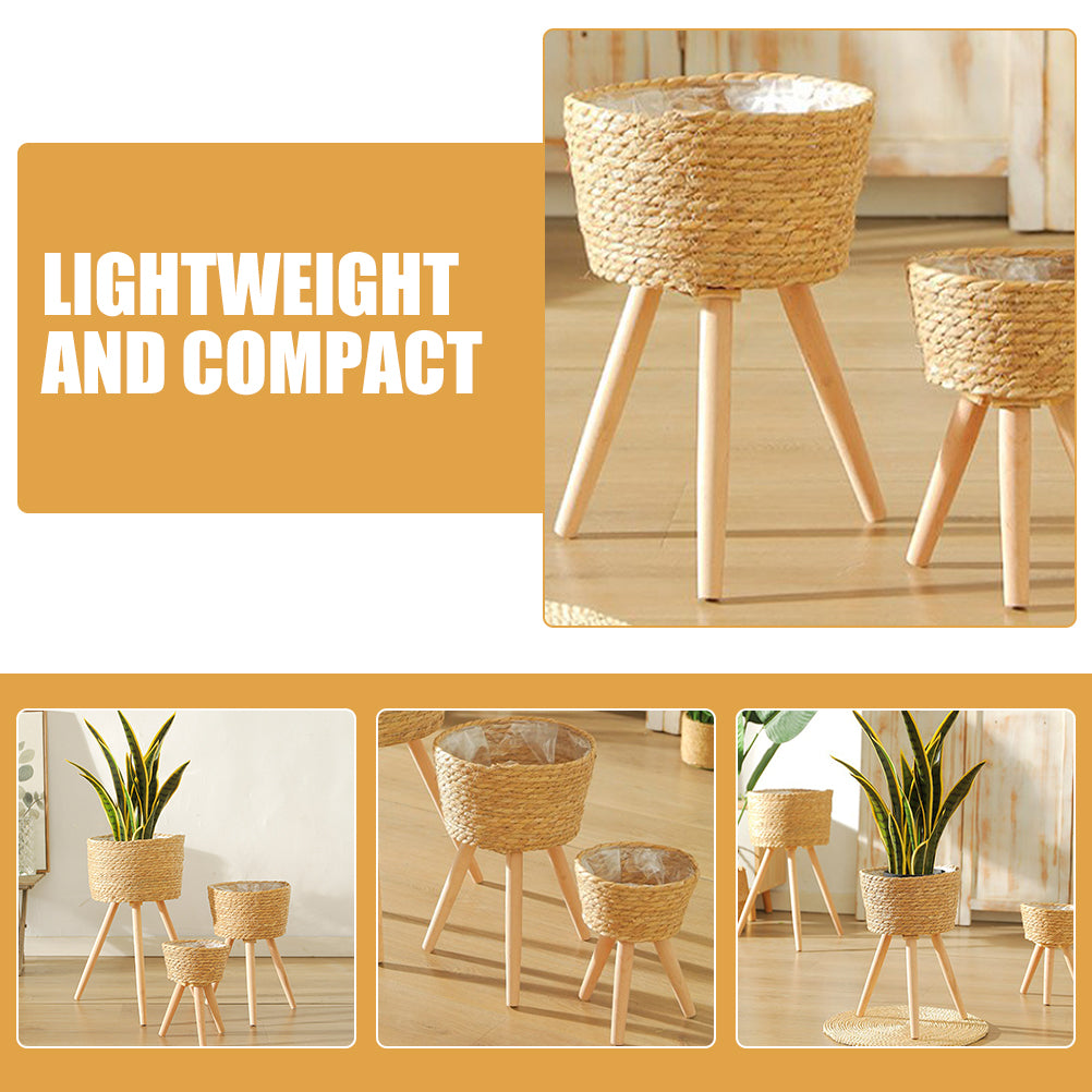 Wood Woven Plant Pot With Standing Legs Household Planter Basket Floor-Standing Flower Pot Stand Weaving Storage Basket