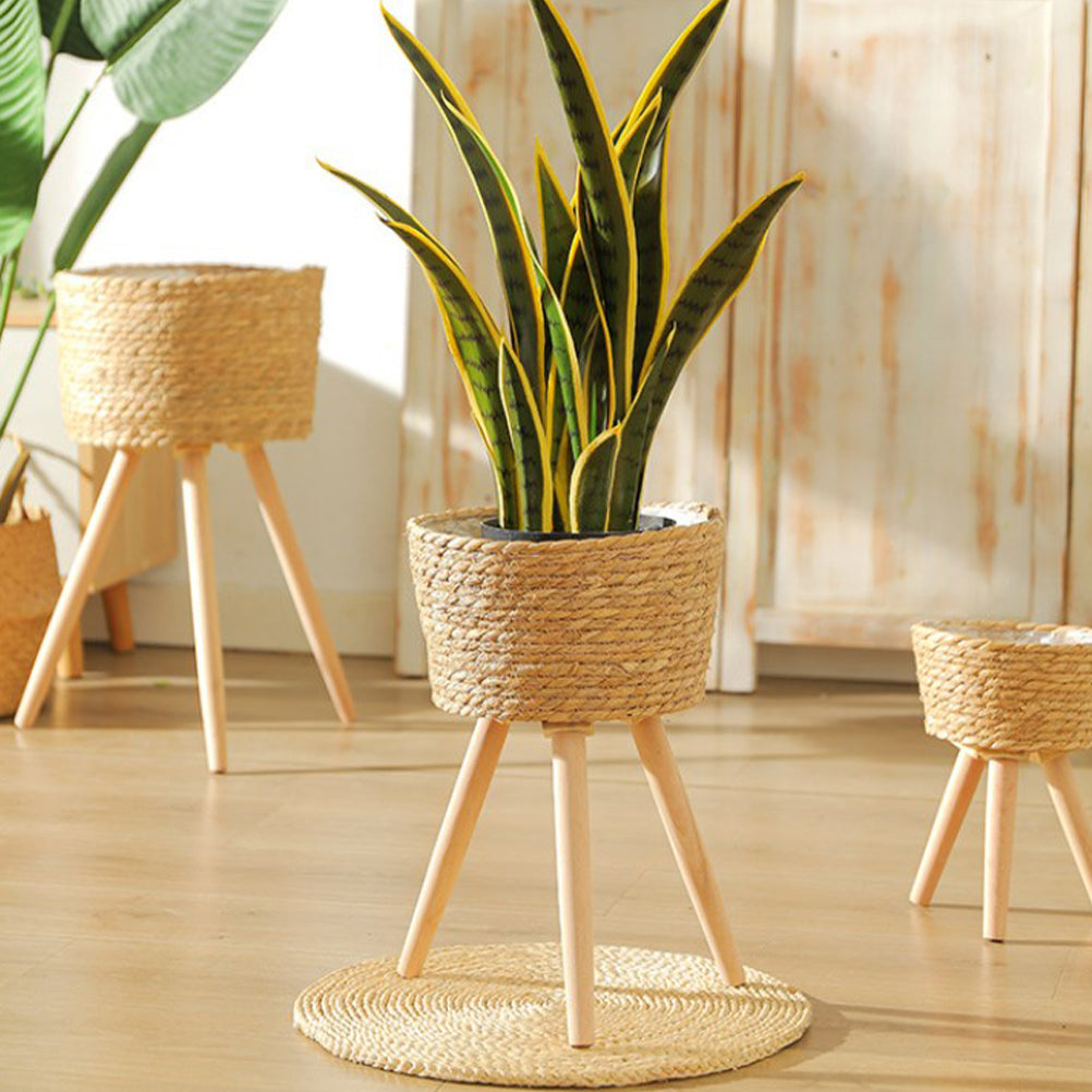 Wood Woven Plant Pot With Standing Legs Household Planter Basket Floor-Standing Flower Pot Stand Weaving Storage Basket