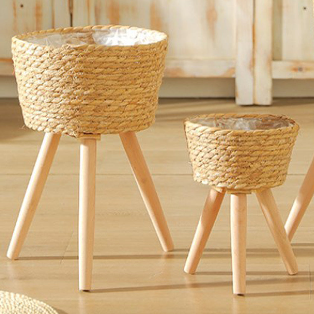 Wood Woven Plant Pot With Standing Legs Household Planter Basket Floor-Standing Flower Pot Stand Weaving Storage Basket