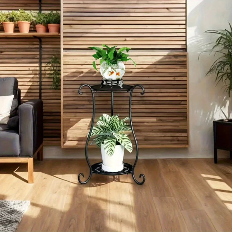 1pc Elegant Dual-Tier Metal Plant Stand - Lightweight, Durable, with Hanging Flower Pots for Indoor & Outdoor Gardens, Aquariums