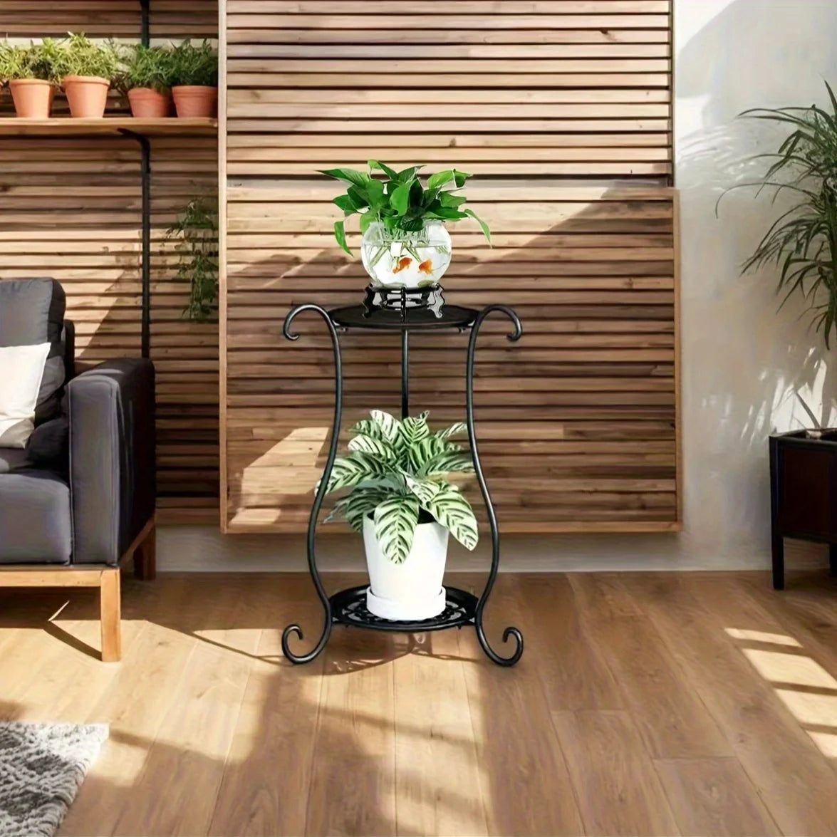 1pc Elegant Dual-Tier Metal Plant Stand - Lightweight, Durable, with Hanging Flower Pots for Indoor & Outdoor Gardens, Aquariums