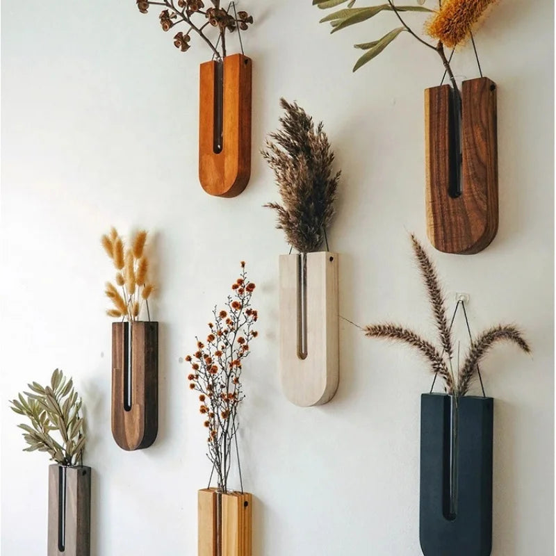 Wooden Hanging Planters Bohemia Wall Plant Propagation Terrarium Flower Tube Vase with Wood Stand, Indoor Propagator for Plants