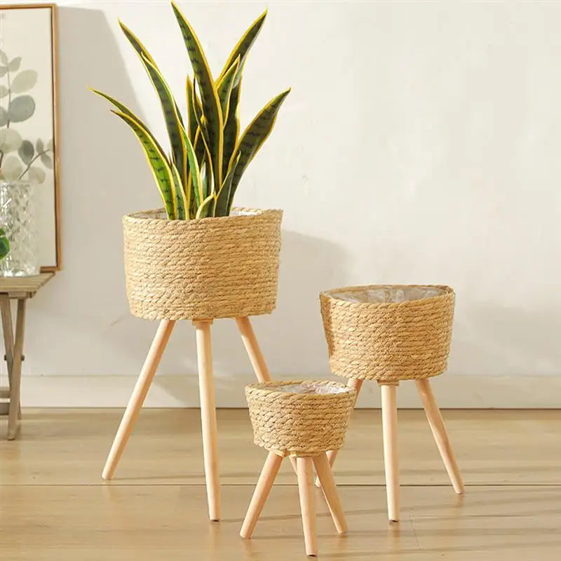 Wood Woven Plant Pot With Standing Legs Household Planter Basket Floor-Standing Flower Pot Stand Weaving Storage Basket