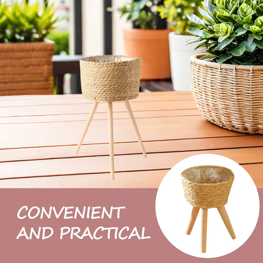 Wood Woven Plant Pot With Standing Legs Household Planter Basket Floor-Standing Flower Pot Stand Weaving Storage Basket