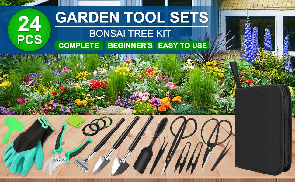 Bonsai Tools Kit- 24 PCS Bonsai Tree Kit Tools for Beginners, Bonsai Starter Trimming Care Kit Bonsai Pruning Kit