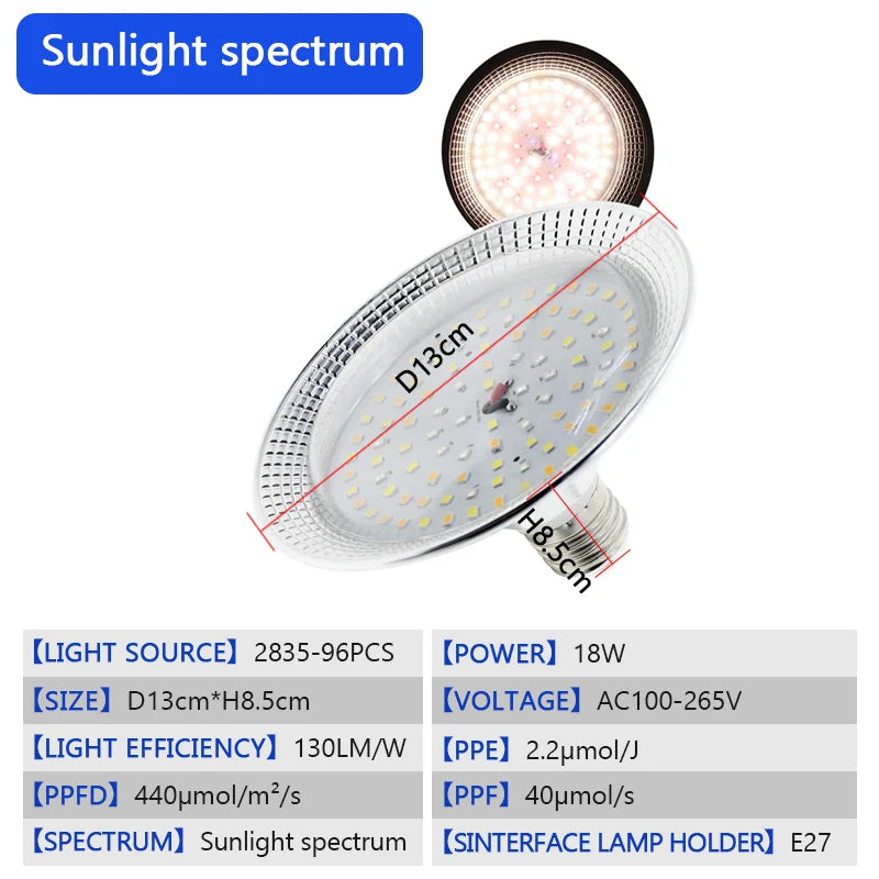 LED Grow Light 18W AC85-265V Full Spectrum E27 Sunlike Phytolamp Bulb Plants Flower Greenhouse Tent Hydroponic Plant Growth Lamp