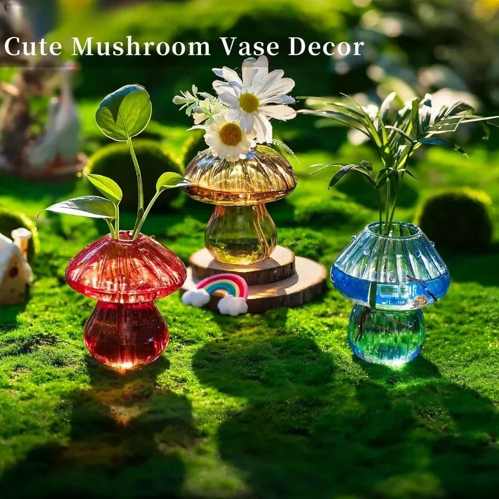Cute Transparent Colorful Mushroom Glass Vase Propagation Terrarium for Plants & Flowers for Plant Lovers Home Office Decor