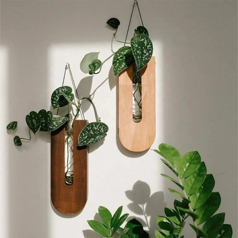 Wooden Hanging Planters Bohemia Wall Plant Propagation Terrarium Flower Tube Vase with Wood Stand, Indoor Propagator for Plants