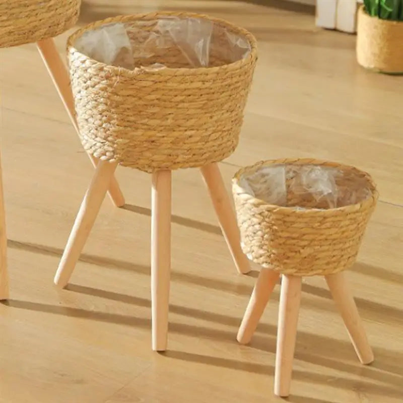 Wood Woven Plant Pot With Standing Legs Household Planter Basket Floor-Standing Flower Pot Stand Weaving Storage Basket