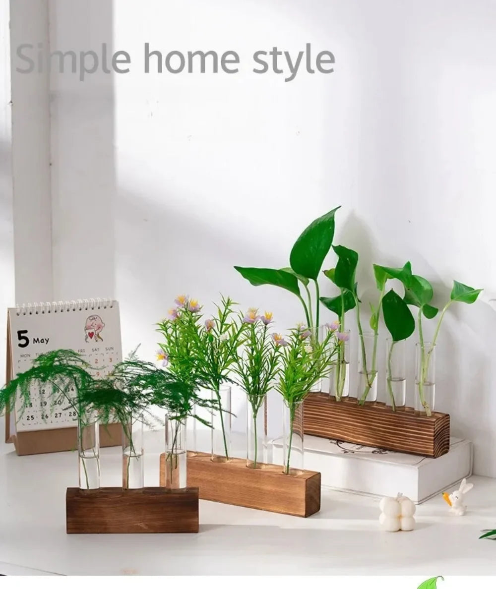 3/5 Tubes Wall Hanging Hydroponic Plant Propagation Glass Vase with Wooden Stand Desktop for Home Office Planter Garde Decor