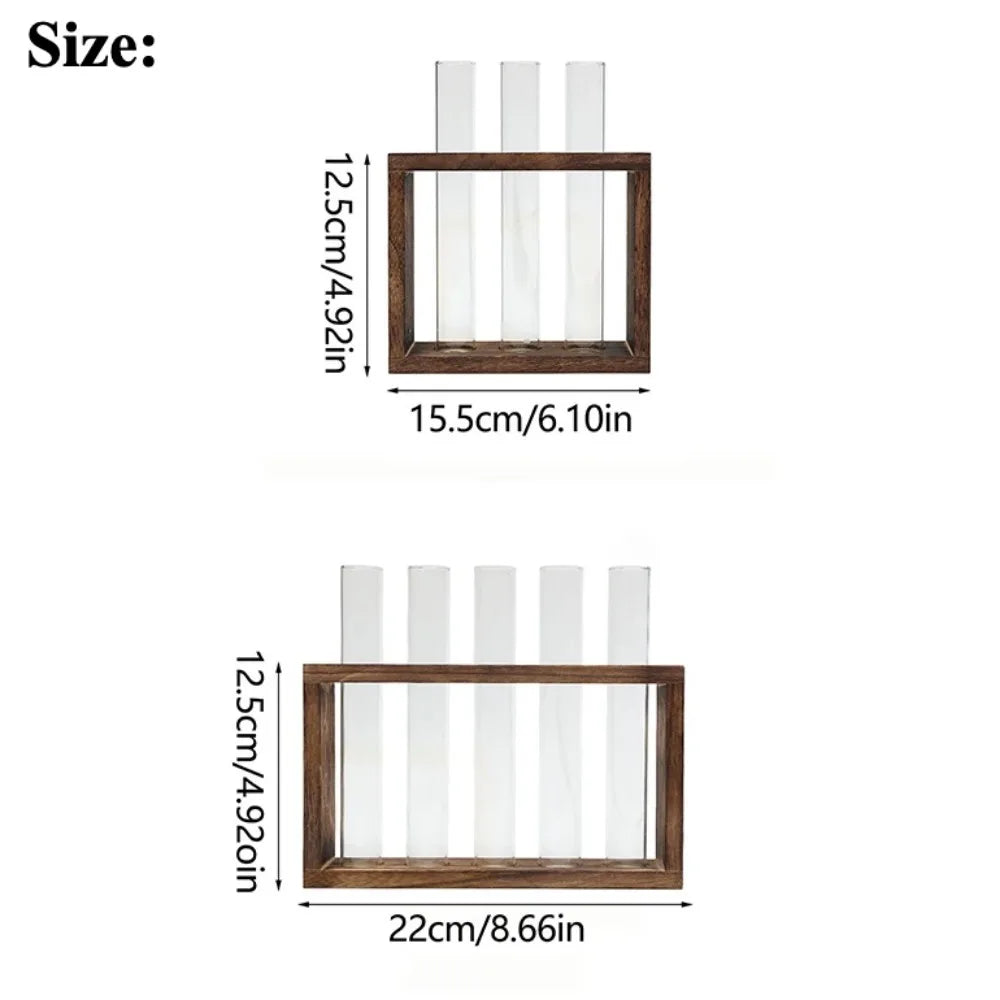 3/5 Tubes Wall Hanging Hydroponic Plant Propagation Glass Vase with Wooden Stand Desktop for Home Office Planter Garde Decor