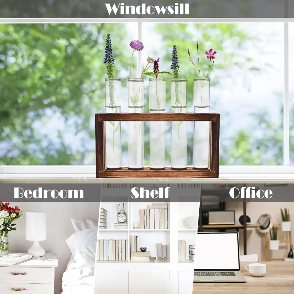 3/5 Tubes Wall Hanging Hydroponic Plant Propagation Glass Vase with Wooden Stand Desktop for Home Office Planter Garde Decor