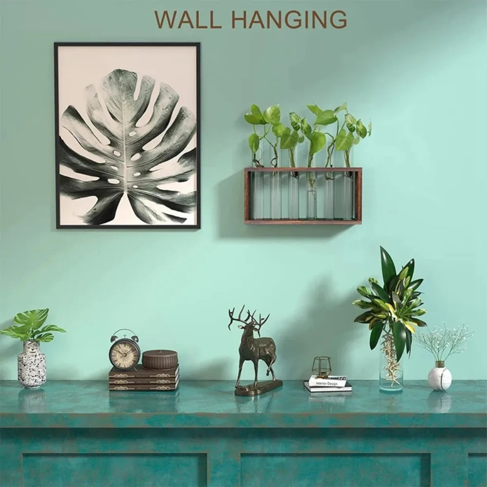 3/5 Tubes Wall Hanging Hydroponic Plant Propagation Glass Vase with Wooden Stand Desktop for Home Office Planter Garde Decor