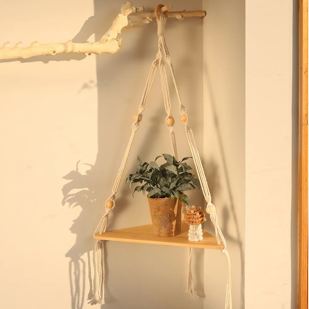Corner Shelf Macrame Wall Hanging Wood Floating Shelves Rustic Boho Wall Shelf Decor Storage Rack for Plants Pots Photo Frames
