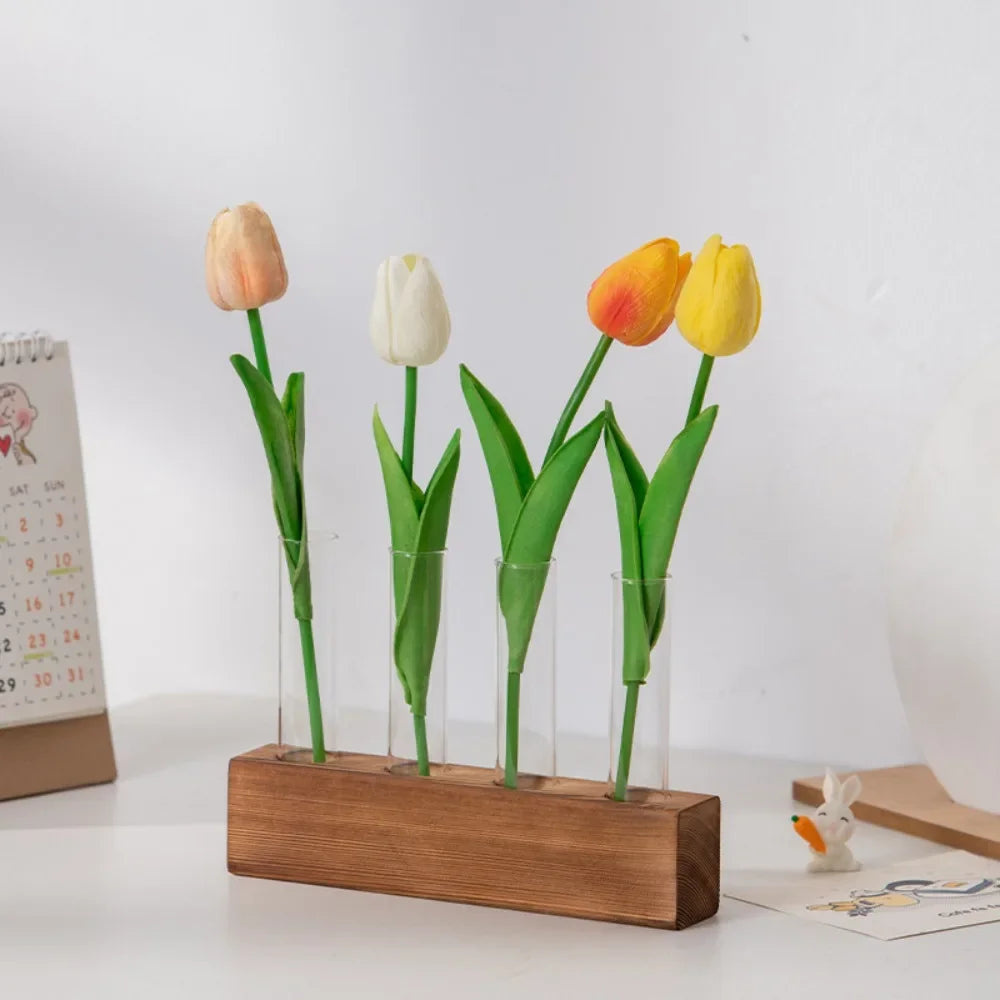 3/5 Tubes Wall Hanging Hydroponic Plant Propagation Glass Vase with Wooden Stand Desktop for Home Office Planter Garde Decor