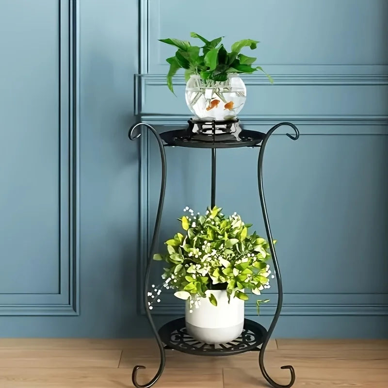 1pc Elegant Dual-Tier Metal Plant Stand - Lightweight, Durable, with Hanging Flower Pots for Indoor & Outdoor Gardens, Aquariums