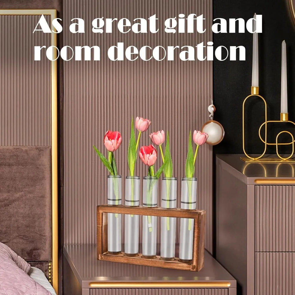 3/5 Tubes Wall Hanging Hydroponic Plant Propagation Glass Vase with Wooden Stand Desktop for Home Office Planter Garde Decor