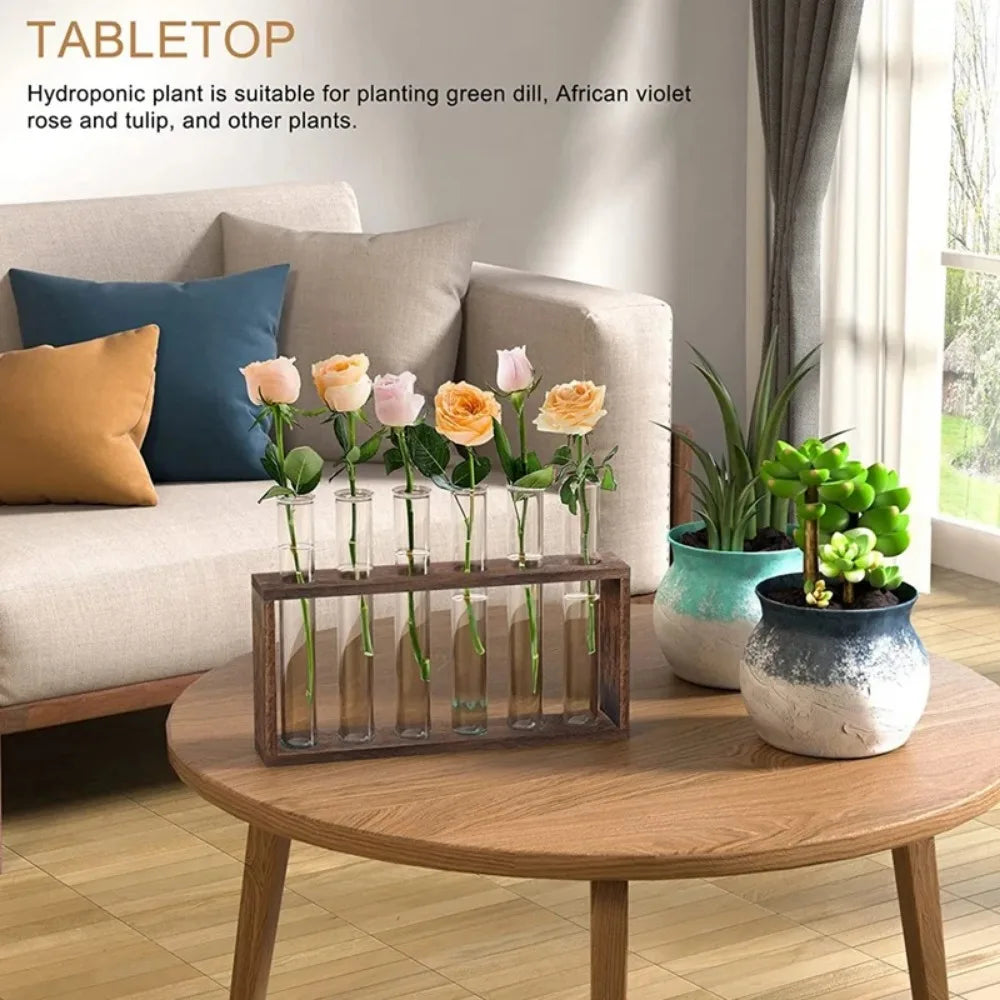 3/5 Tubes Wall Hanging Hydroponic Plant Propagation Glass Vase with Wooden Stand Desktop for Home Office Planter Garde Decor