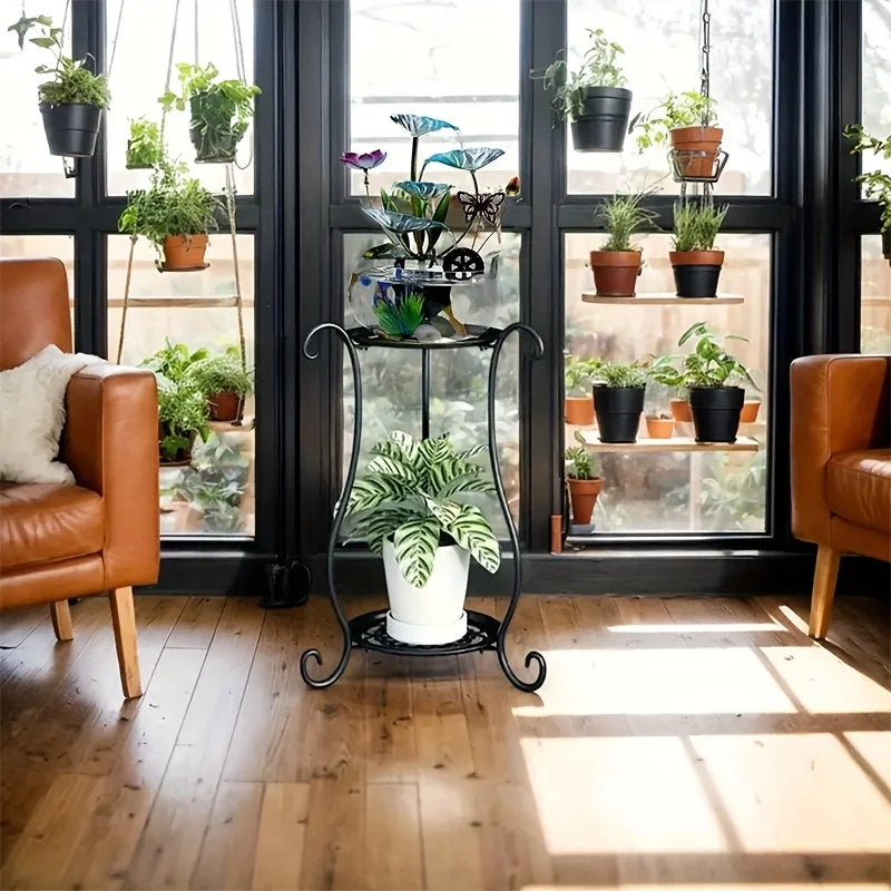 1pc Elegant Dual-Tier Metal Plant Stand - Lightweight, Durable, with Hanging Flower Pots for Indoor & Outdoor Gardens, Aquariums