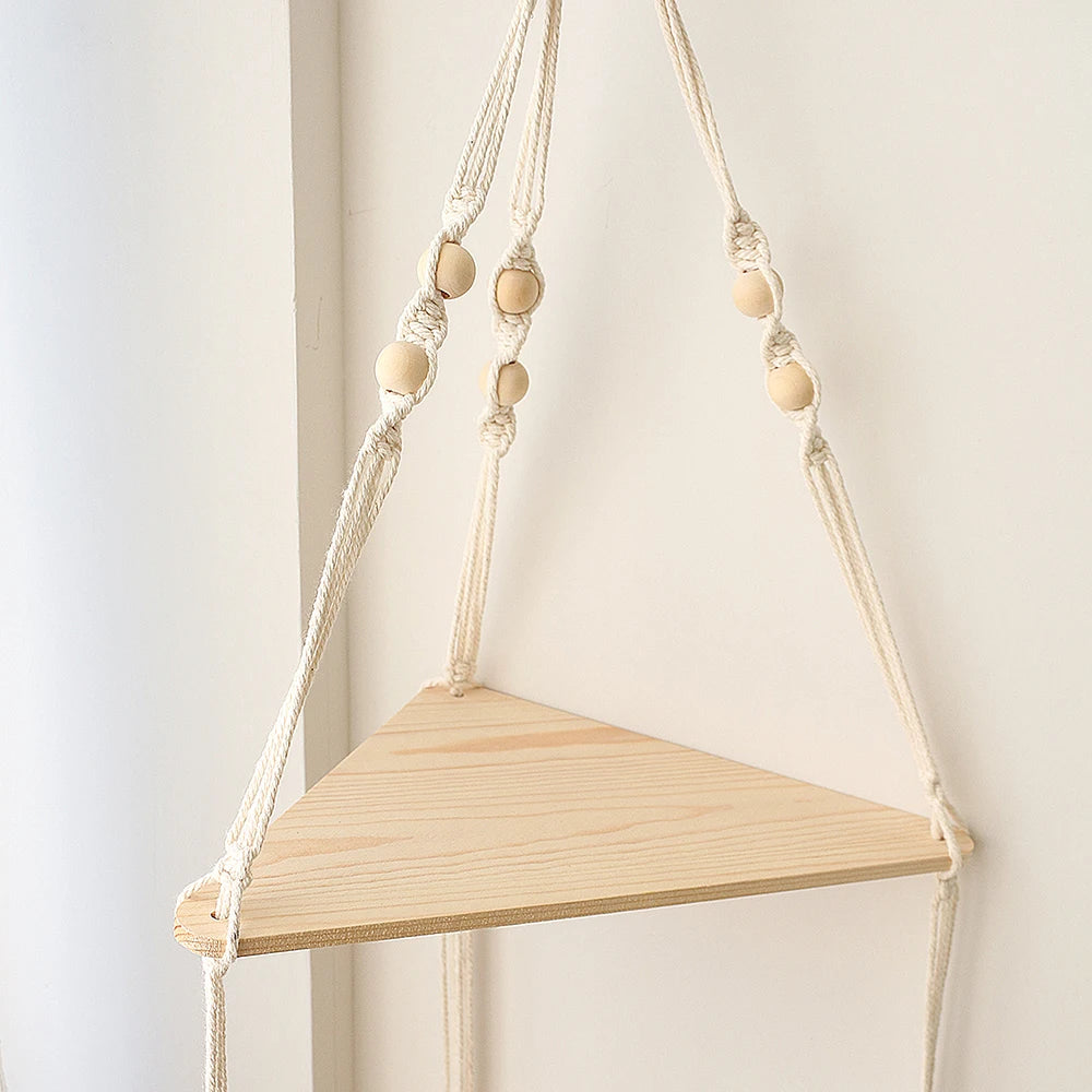 Corner Shelf Macrame Wall Hanging Wood Floating Shelves Rustic Boho Wall Shelf Decor Storage Rack for Plants Pots Photo Frames