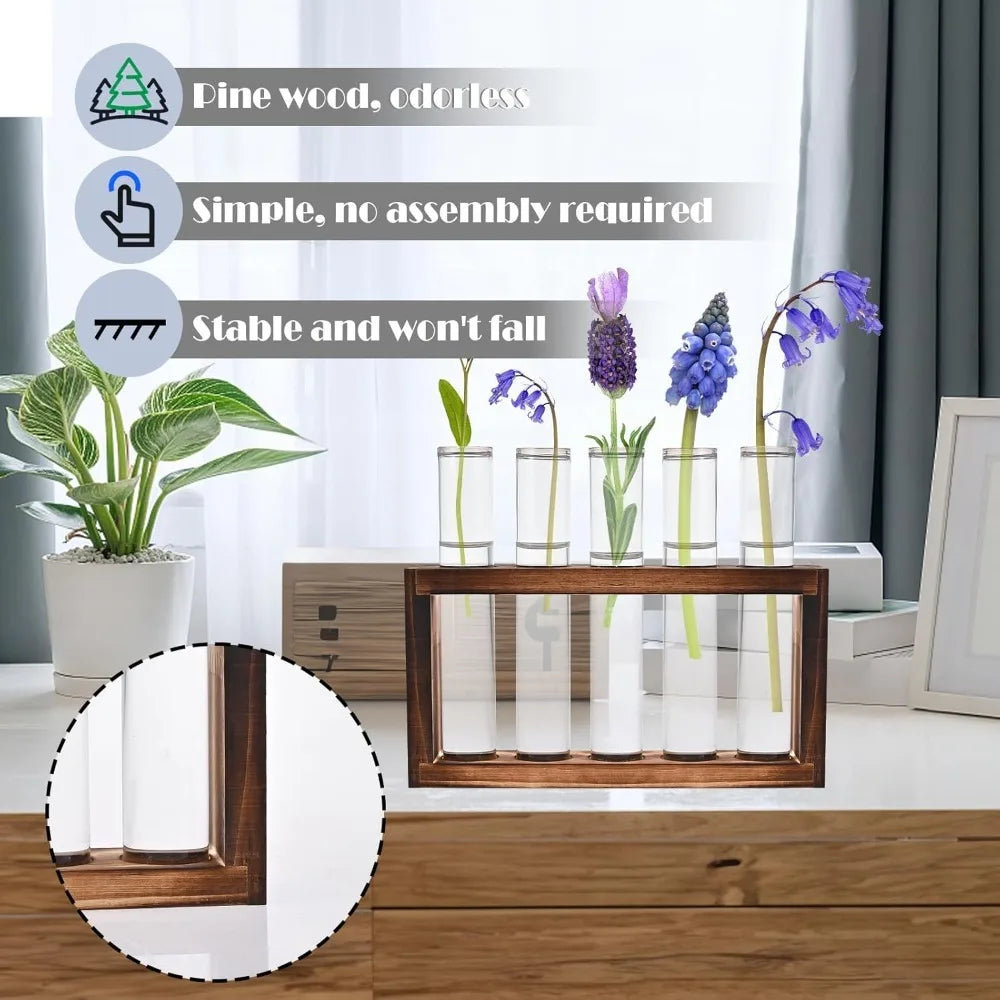 3/5 Tubes Wall Hanging Hydroponic Plant Propagation Glass Vase with Wooden Stand Desktop for Home Office Planter Garde Decor