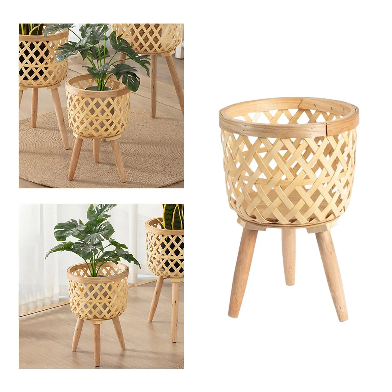 Hand Woven Flower Pot Tripod Stand Detachable Rattan Pot Wood Pastoral Flower Baskets for Balcony Planters Home Indoor Decor