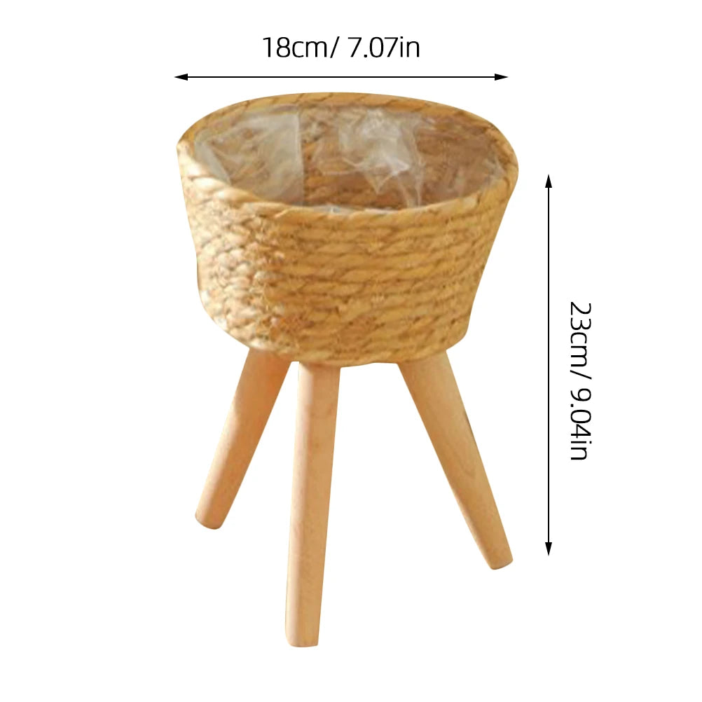 Wood Woven Plant Pot With Standing Legs Household Planter Basket Floor-Standing Flower Pot Stand Weaving Storage Basket