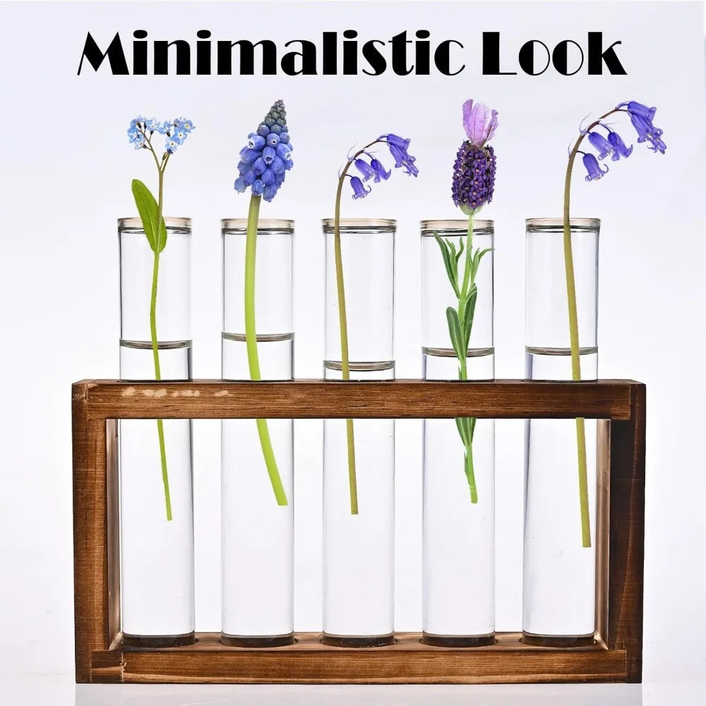 3/5 Tubes Wall Hanging Hydroponic Plant Propagation Glass Vase with Wooden Stand Desktop for Home Office Planter Garde Decor
