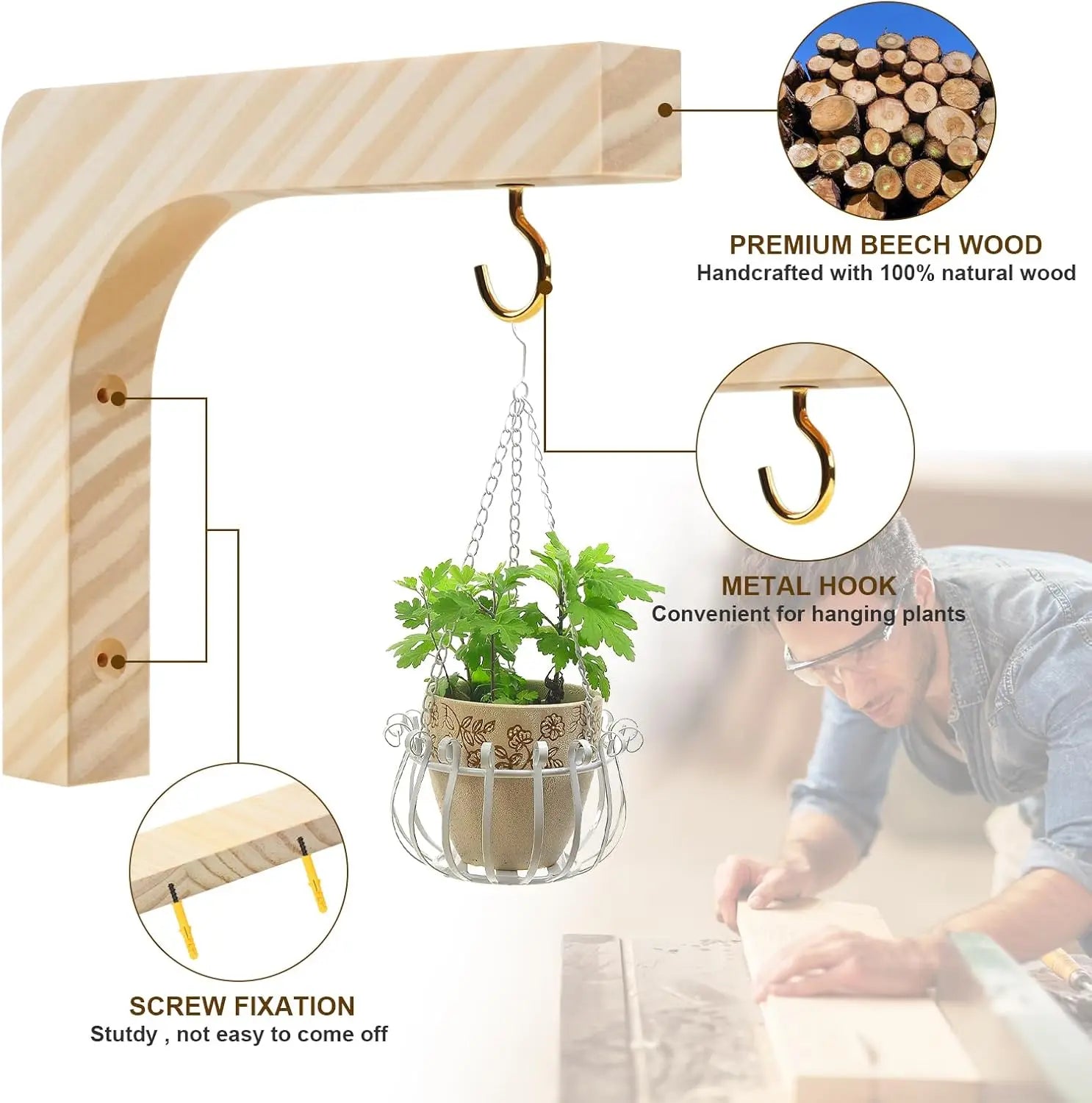 Wooden Plant Hanger Hook Wall Plant Hanger for Indoor Basket Hooks for Flower Baskets Pot Lanterns