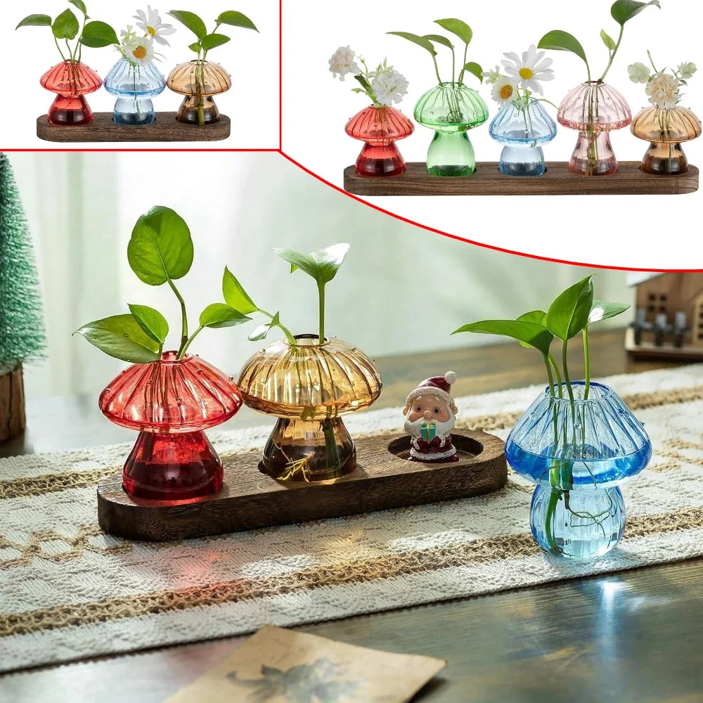 Cute Transparent Colorful Mushroom Glass Vase Propagation Terrarium for Plants & Flowers for Plant Lovers Home Office Decor