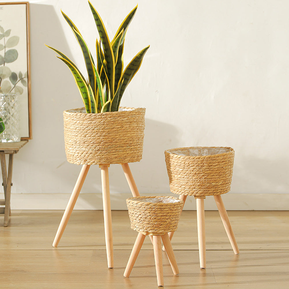 Wood Woven Plant Pot With Standing Legs Household Planter Basket Floor-Standing Flower Pot Stand Weaving Storage Basket